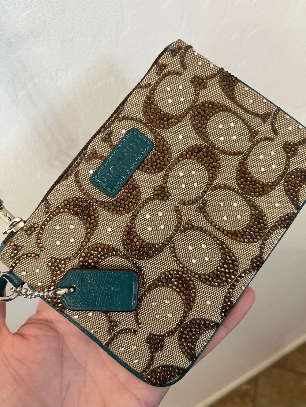 Coach Beige Signature Canvas Wristlet with Teal Trim DIY crystals